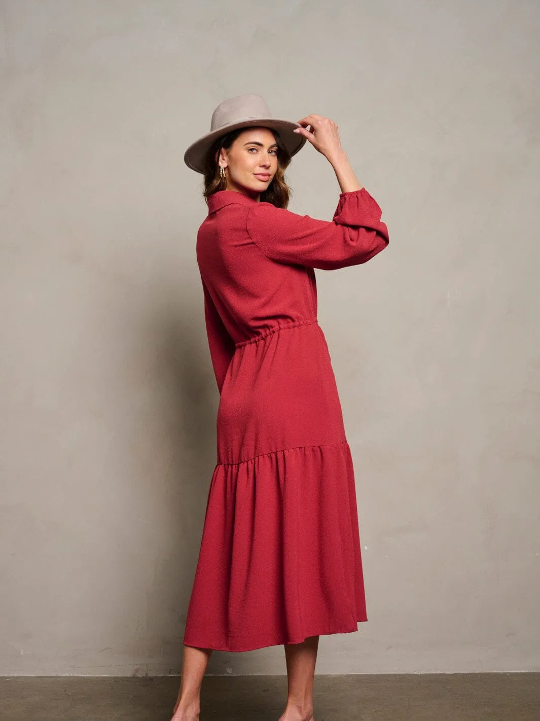 WOMEN'S LONG PUFF SLEEVE BUTTON UP MAXI DRESS