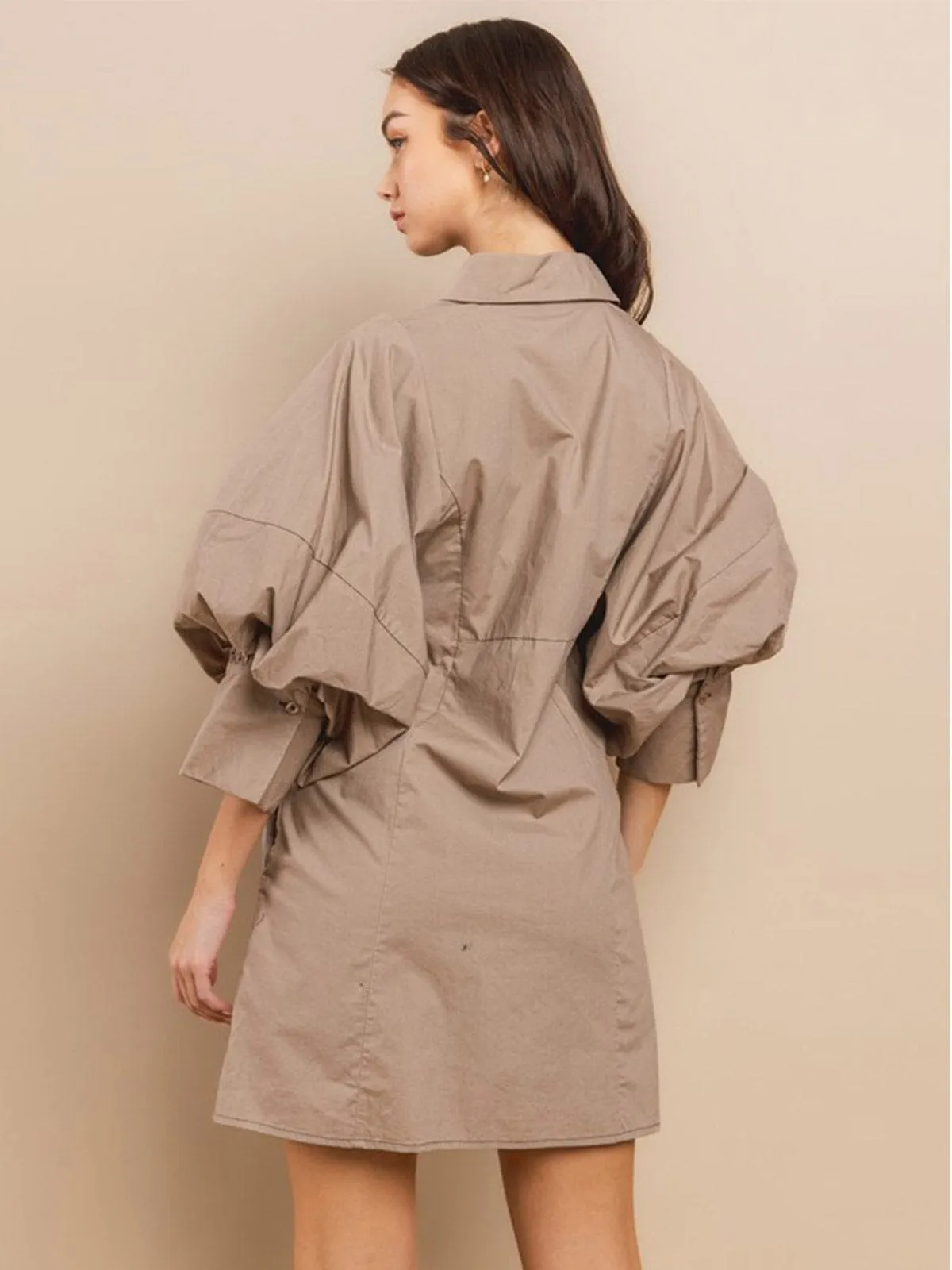 WOMEN'S LONG RUCHED SLEEVE BUTTON UP SELF TIE MINI DRESS