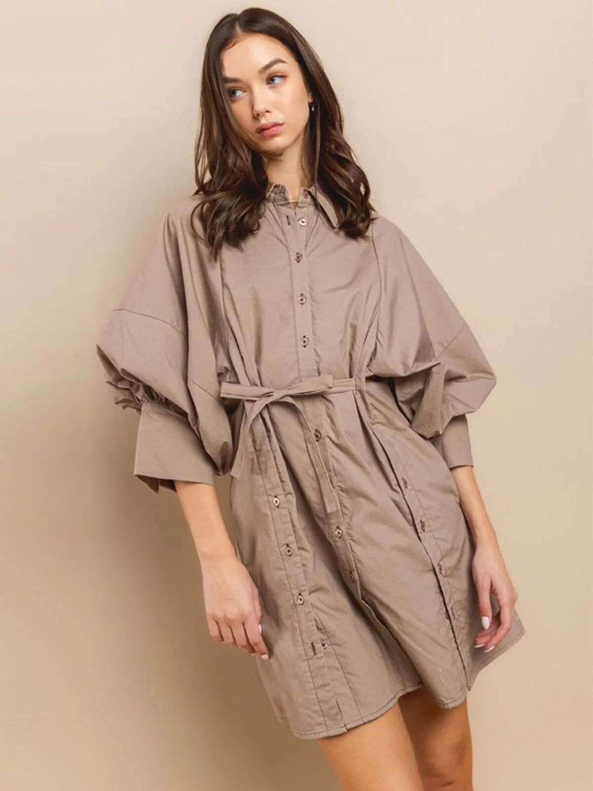 WOMEN'S LONG RUCHED SLEEVE BUTTON UP SELF TIE MINI DRESS