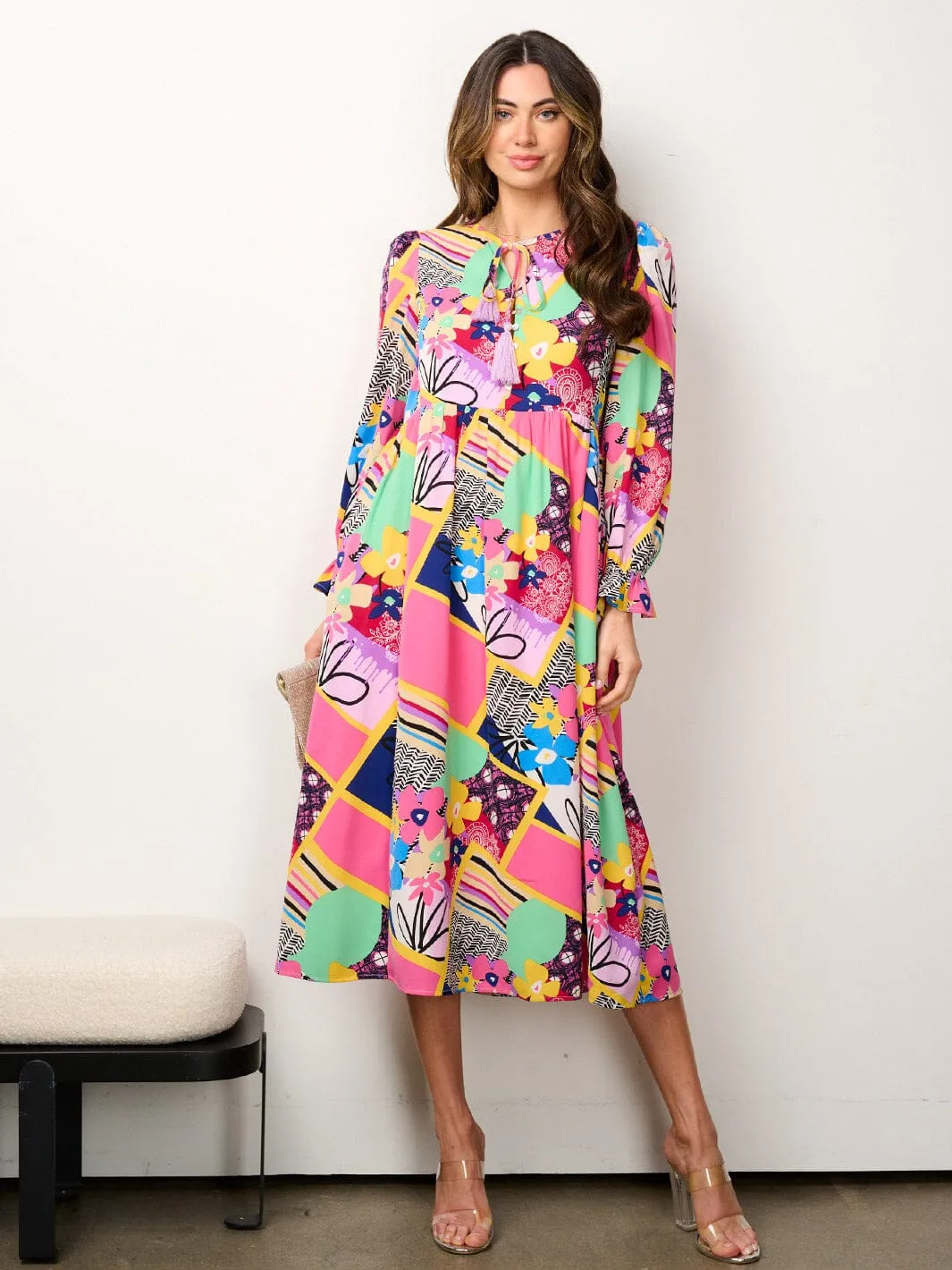WOMEN'S LONG SLEEVE BUTTON UP MULTI PRINT MIDI DRESS