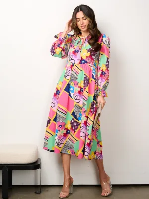 WOMEN'S LONG SLEEVE BUTTON UP MULTI PRINT MIDI DRESS