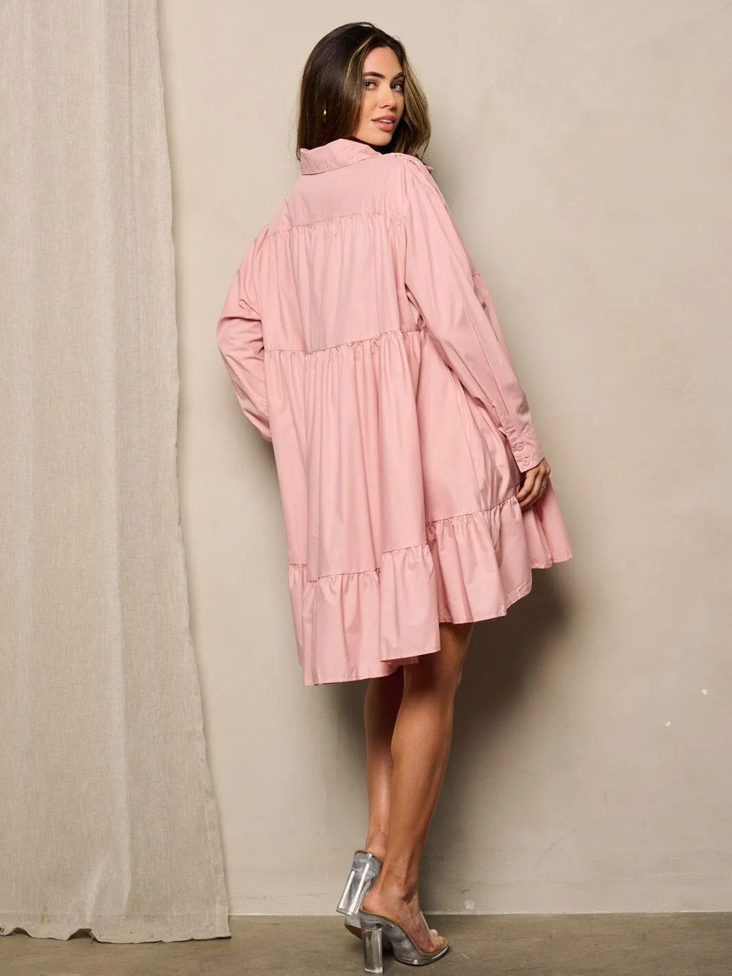 WOMEN'S LONG SLEEVE BUTTON UP TIERED TUNIC MINI DRESS