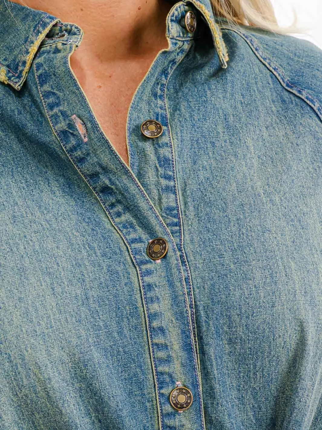 WOMEN'S LONG SLEEVES BUTTON UP FRONT POCKETS DENIM MINI DRESS