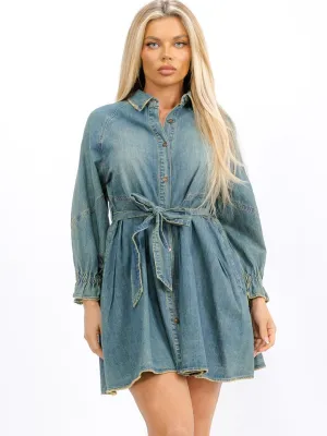 WOMEN'S LONG SLEEVES BUTTON UP FRONT POCKETS DENIM MINI DRESS