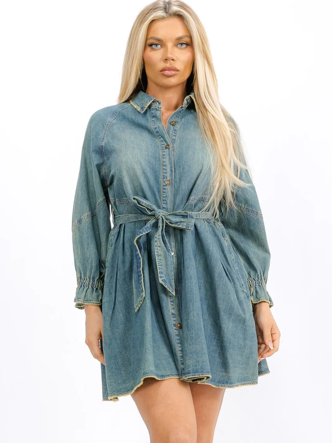 WOMEN'S LONG SLEEVES BUTTON UP FRONT POCKETS DENIM MINI DRESS