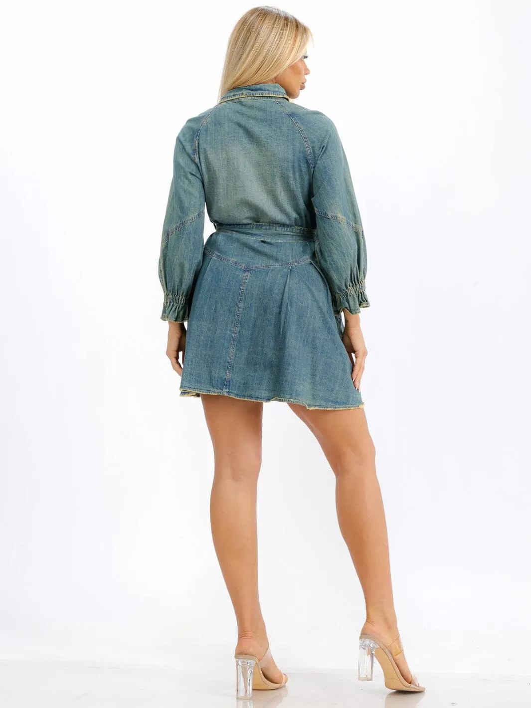 WOMEN'S LONG SLEEVES BUTTON UP FRONT POCKETS DENIM MINI DRESS
