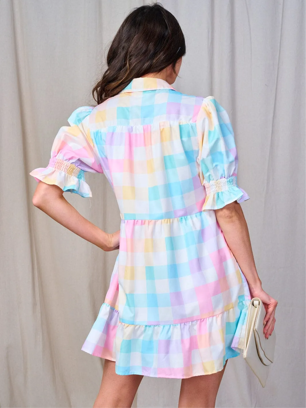 WOMEN'S SHORT SLEEVE BUTTON UP COLORBLOCK PLAID MINI DRESS