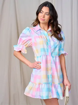 WOMEN'S SHORT SLEEVE BUTTON UP COLORBLOCK PLAID MINI DRESS