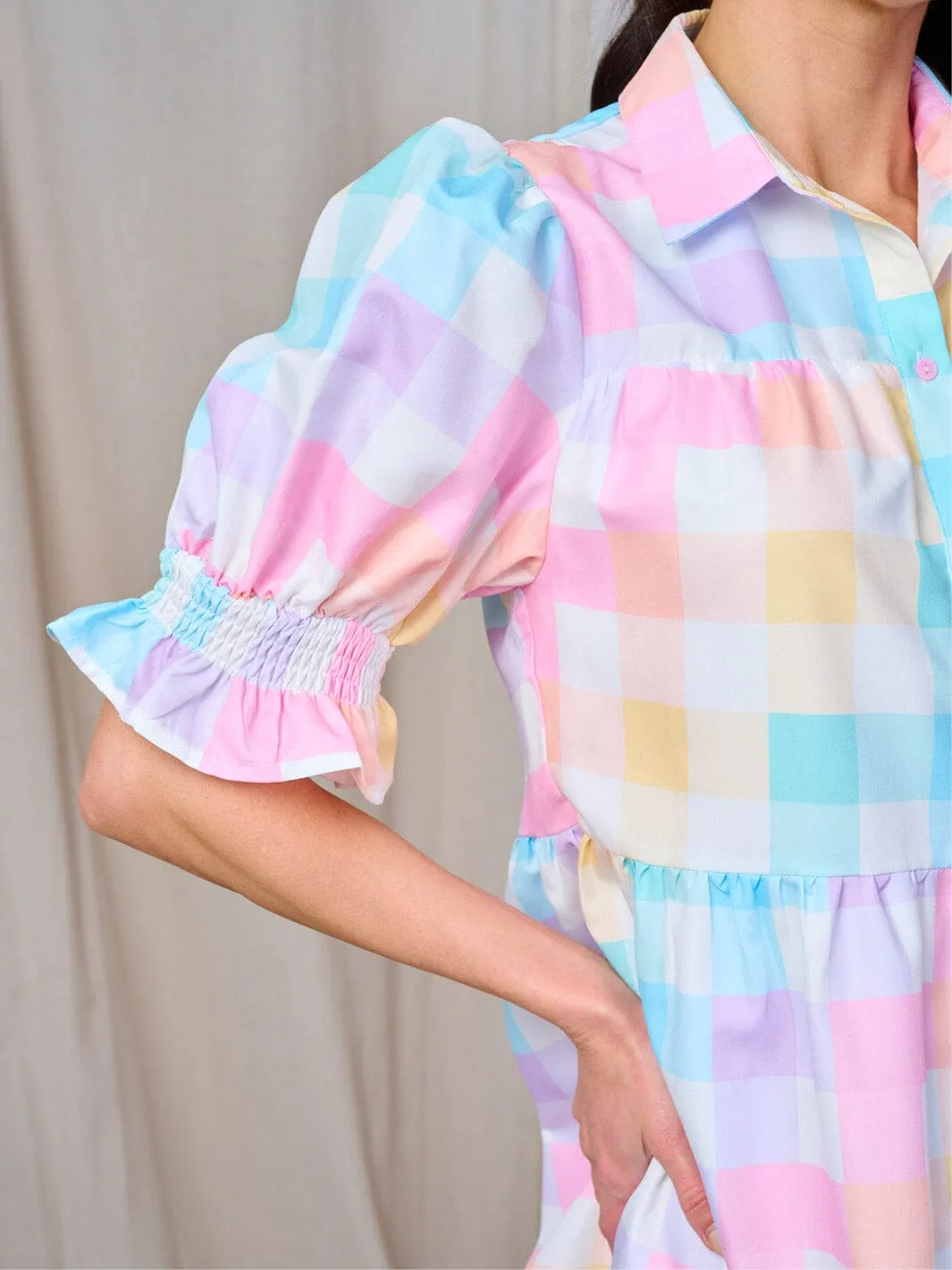 WOMEN'S SHORT SLEEVE BUTTON UP COLORBLOCK PLAID MINI DRESS