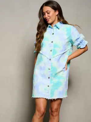 WOMEN'S SHORT SLEEVE BUTTON UP DETAILED POCKETS TIE DYE TUNIC MINI DRESS
