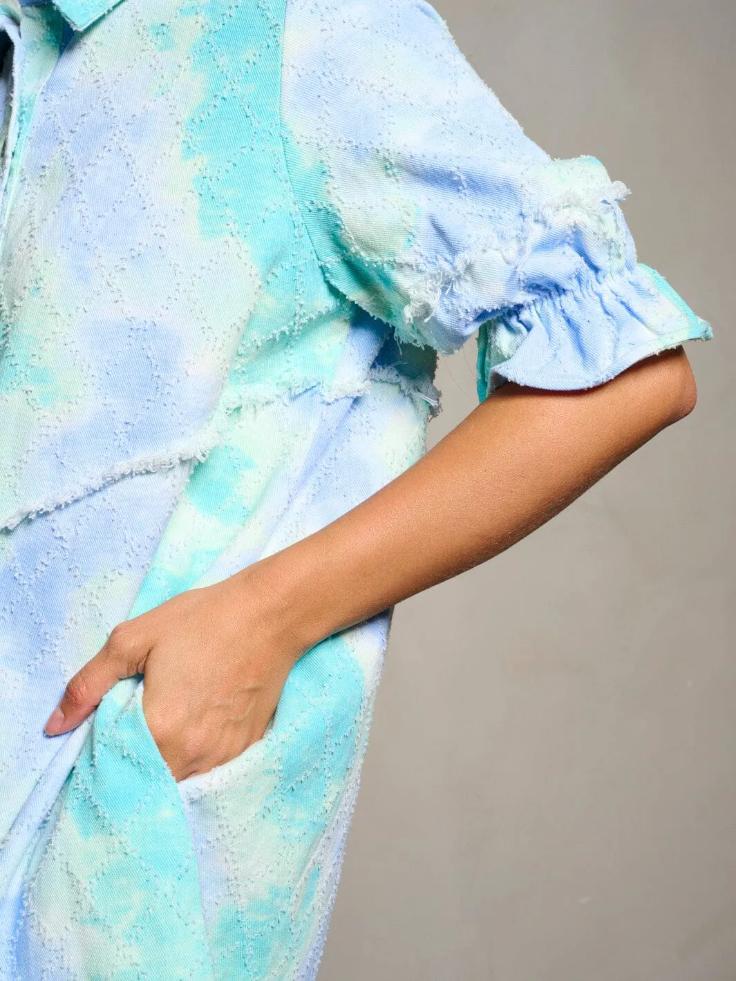 WOMEN'S SHORT SLEEVE BUTTON UP DETAILED POCKETS TIE DYE TUNIC MINI DRESS