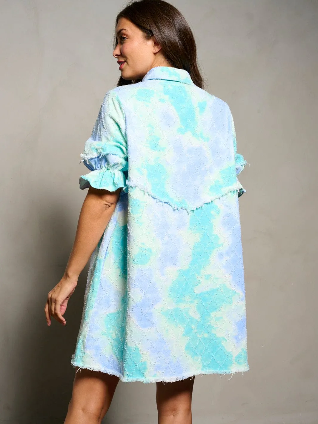 WOMEN'S SHORT SLEEVE BUTTON UP DETAILED POCKETS TIE DYE TUNIC MINI DRESS