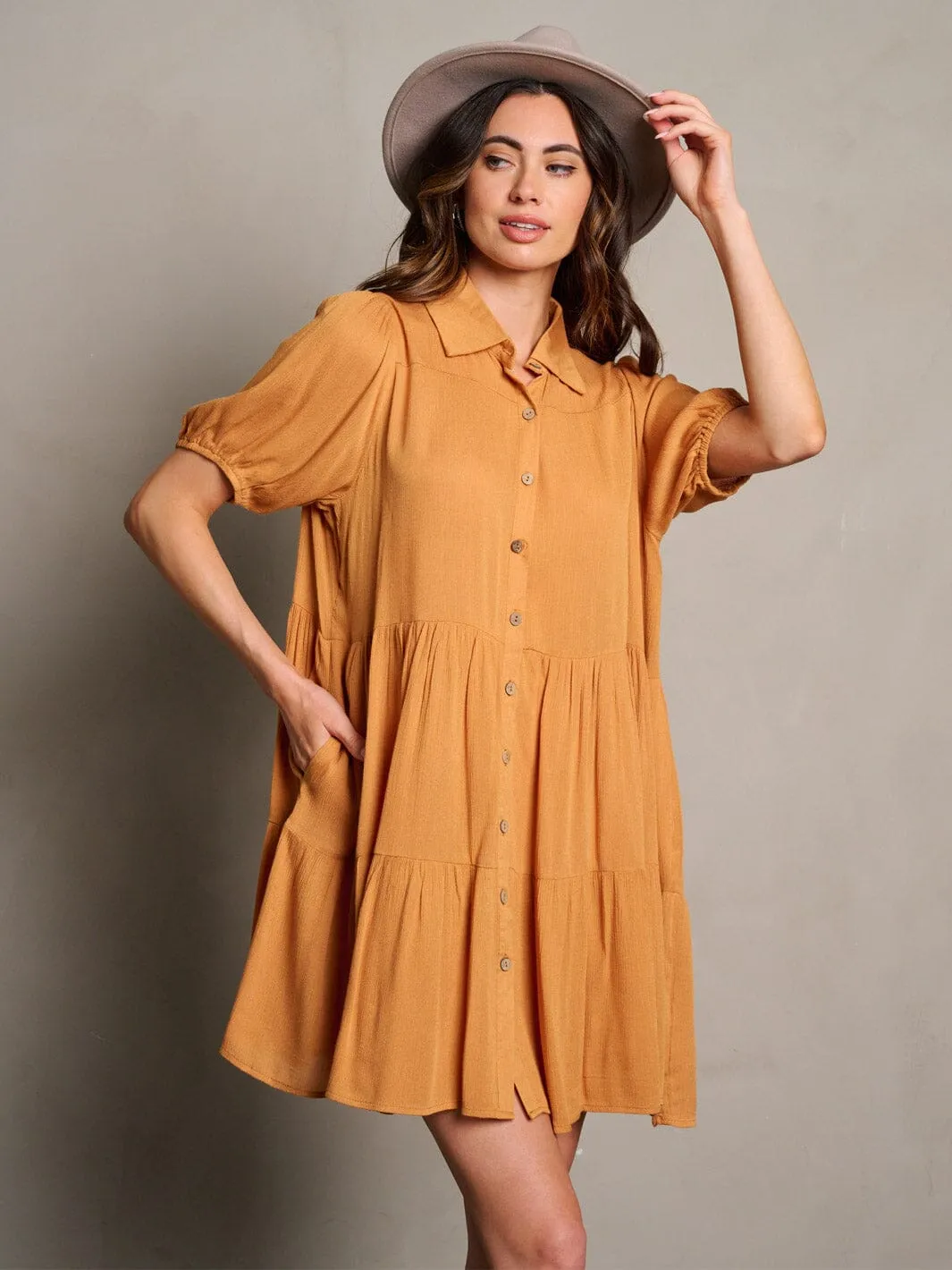 WOMEN'S SHORT SLEEVE BUTTON UP POCKETS TUNIC MINI DRESS