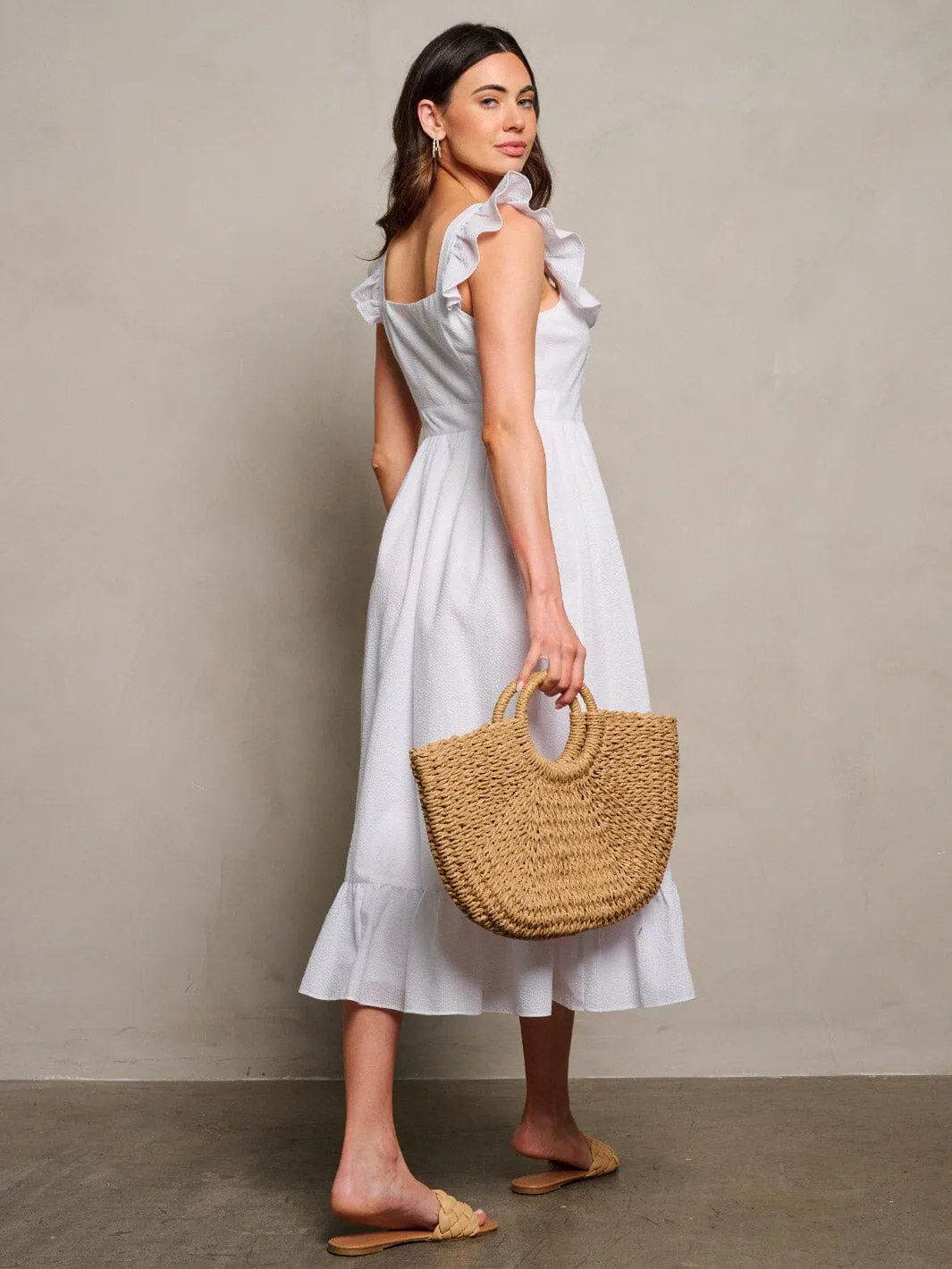 WOMEN'S SLEEVELESS RUFFLE BUTTON UP DETAILED MAXI DRESS