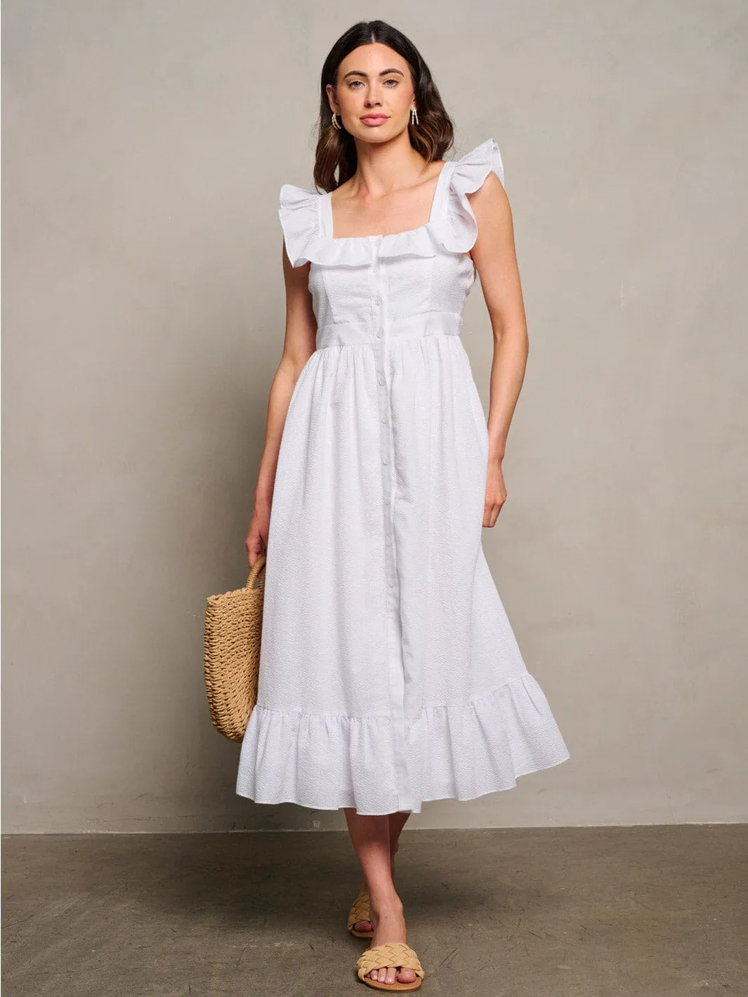 WOMEN'S SLEEVELESS RUFFLE BUTTON UP DETAILED MAXI DRESS