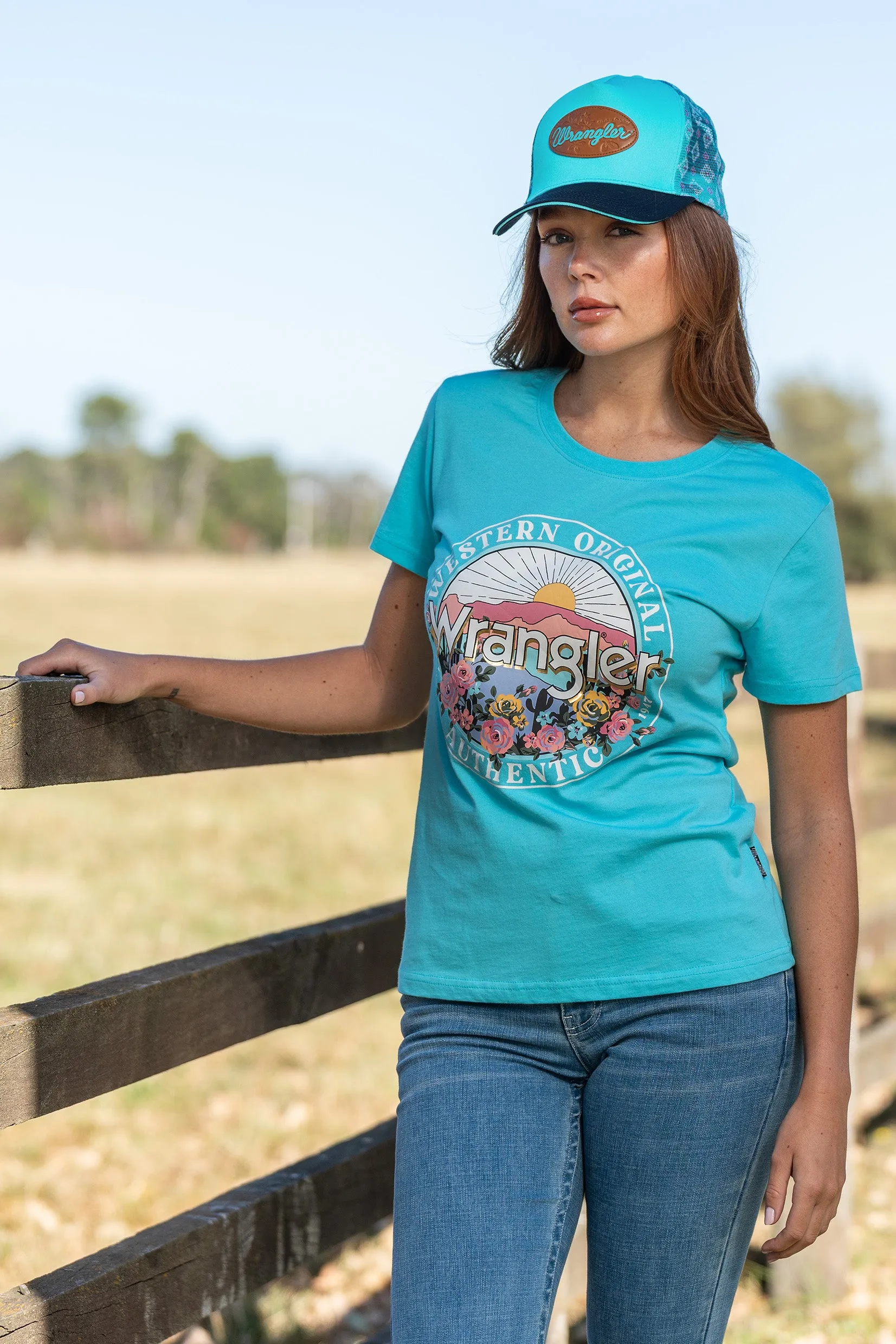 Wrangler Ladies Misha High Profile Ponytail Trucker Cap Aqua Navy