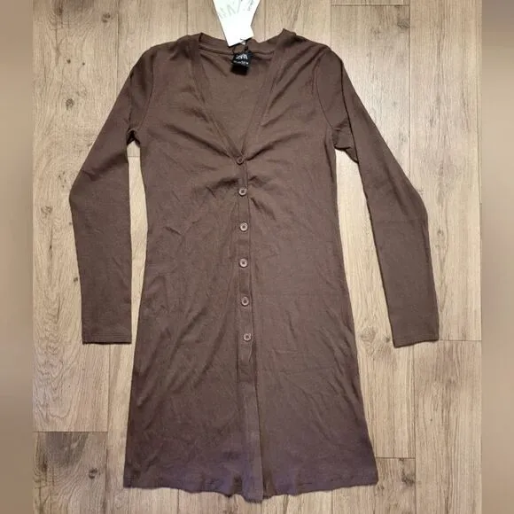 Zara Ribbed Lomg Sleeve Button Form Fitted Midi Dress Brown Size L