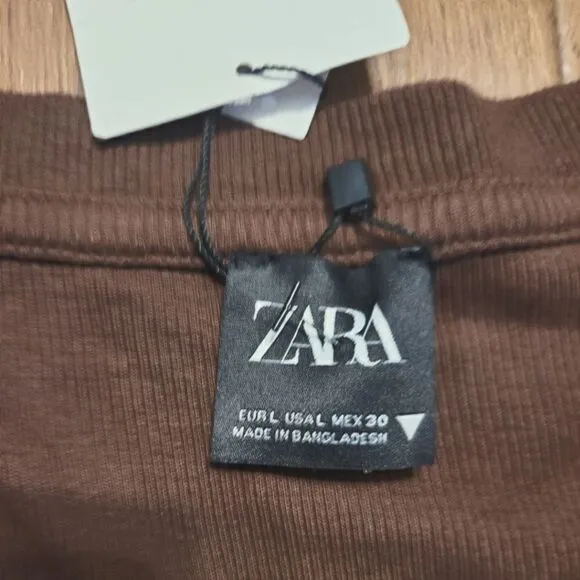 Zara Ribbed Lomg Sleeve Button Form Fitted Midi Dress Brown Size L