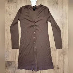 Zara Ribbed Lomg Sleeve Button Form Fitted Midi Dress Brown Size L