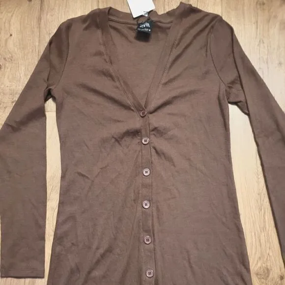 Zara Ribbed Lomg Sleeve Button Form Fitted Midi Dress Brown Size L