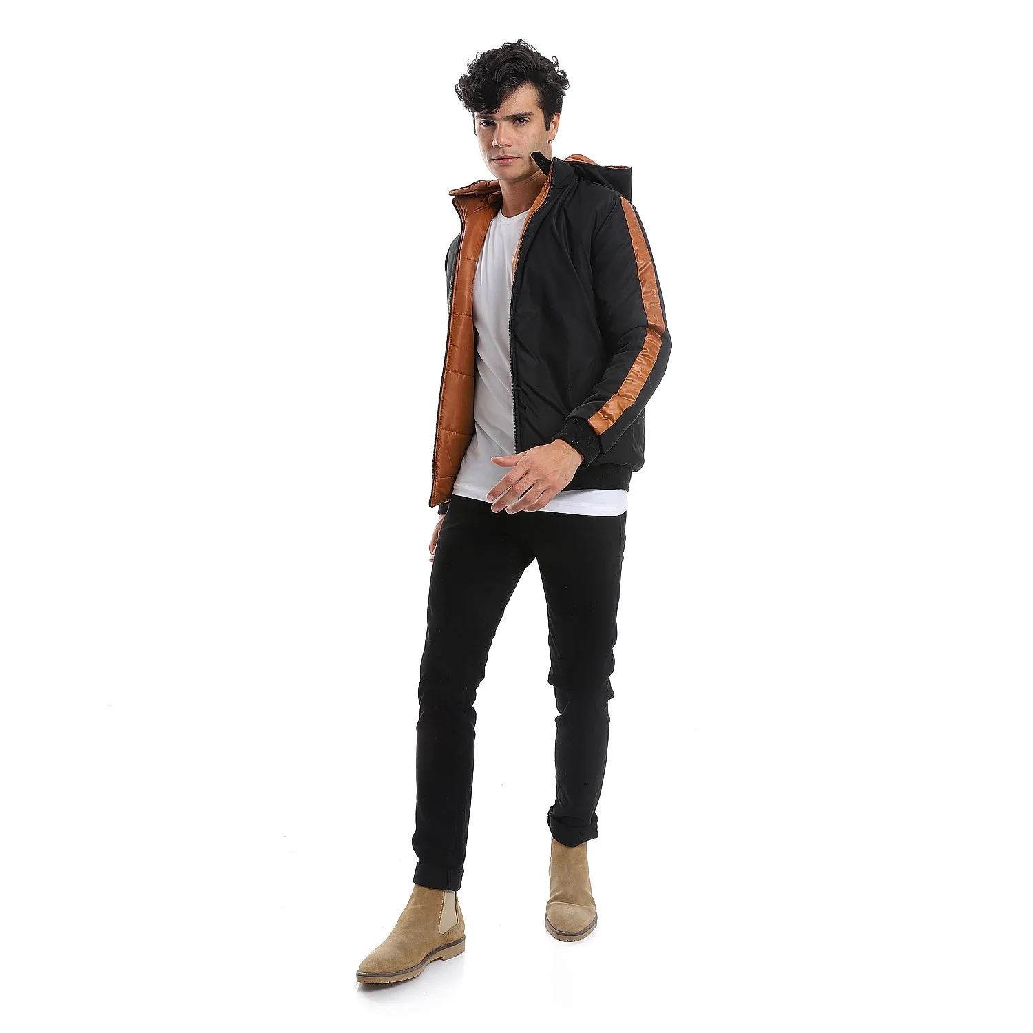 zipper_closure_double_face_printed_-_waterproof_jacket_-_cramel_brown_-_black