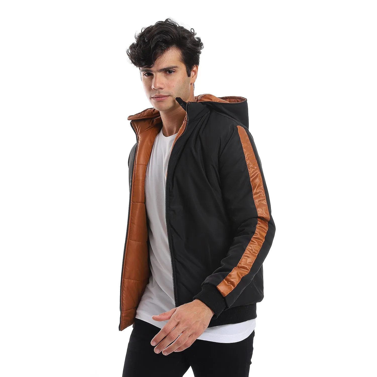 zipper_closure_double_face_printed_-_waterproof_jacket_-_cramel_brown_-_black