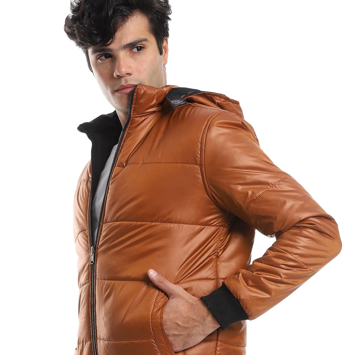 zipper_closure_double_face_printed_-_waterproof_jacket_-_cramel_brown_-_black