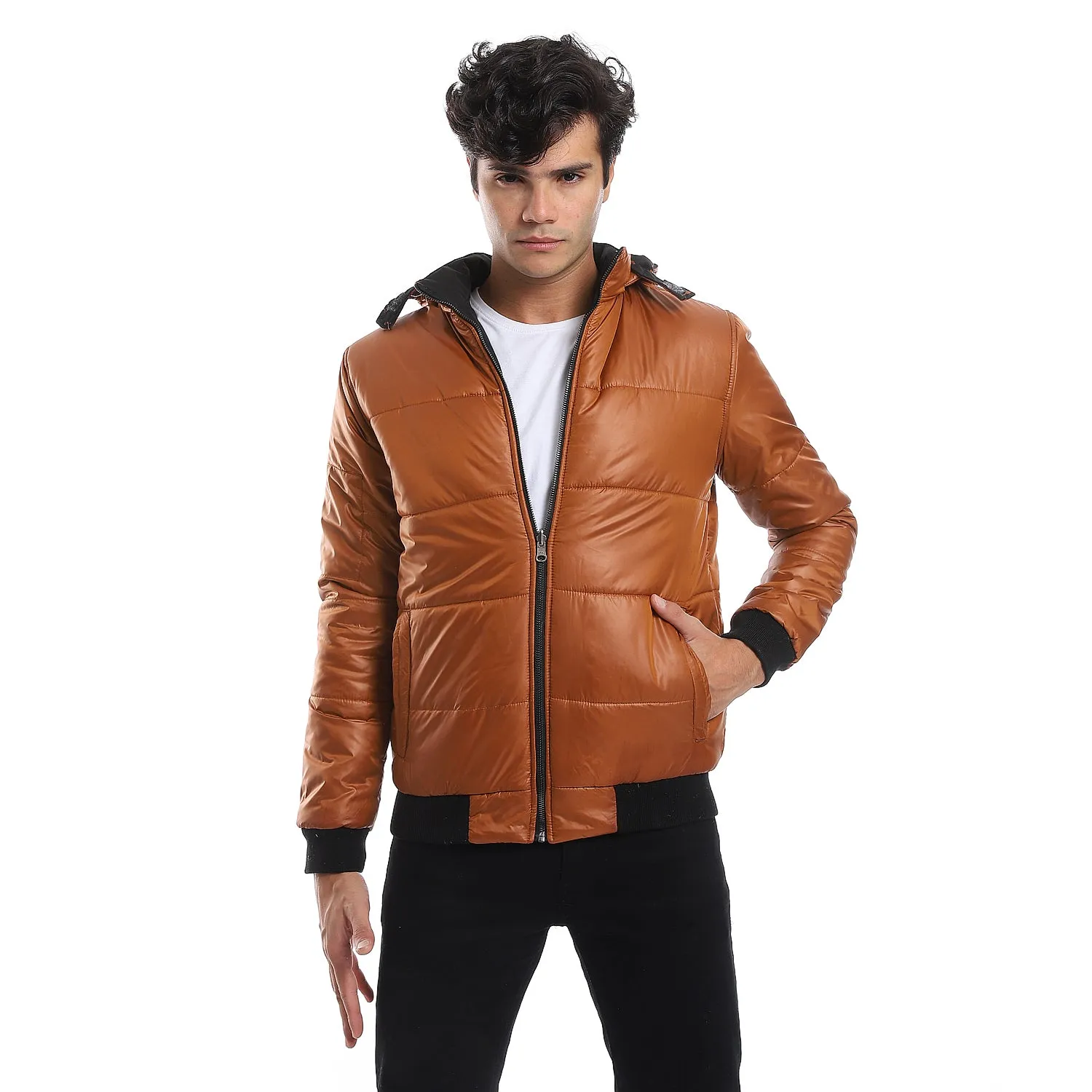 zipper_closure_double_face_printed_-_waterproof_jacket_-_cramel_brown_-_black