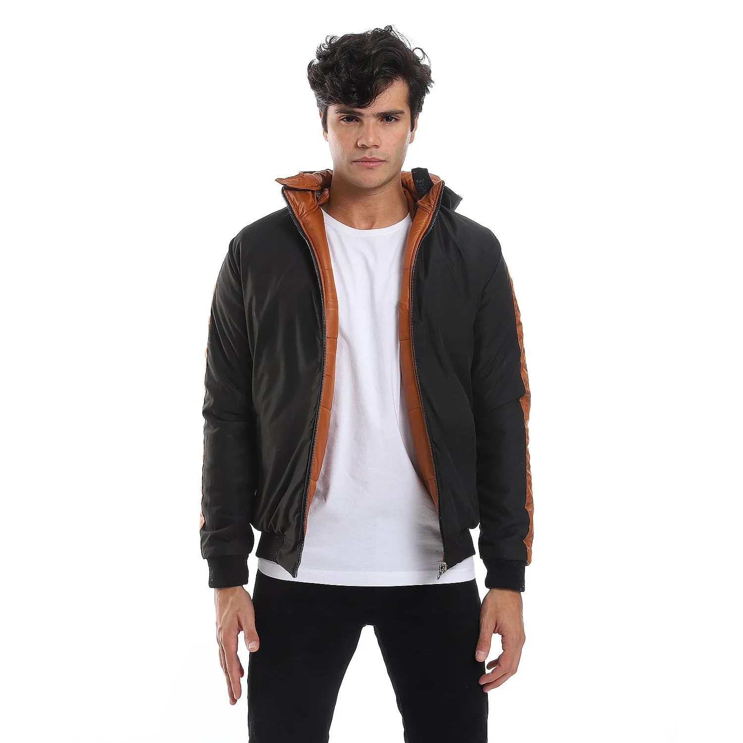 zipper_closure_double_face_printed_-_waterproof_jacket_-_cramel_brown_-_black