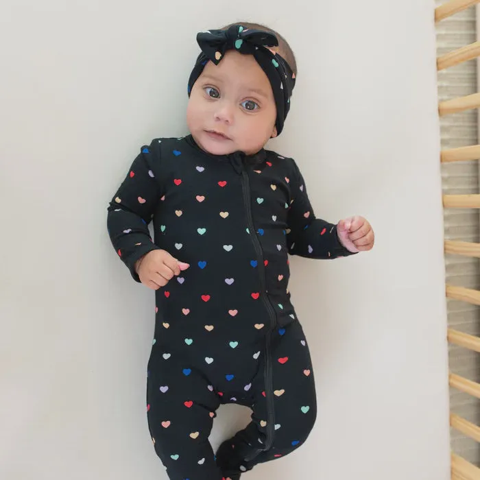 Zippered Footie in Midnight Rainbow Heart