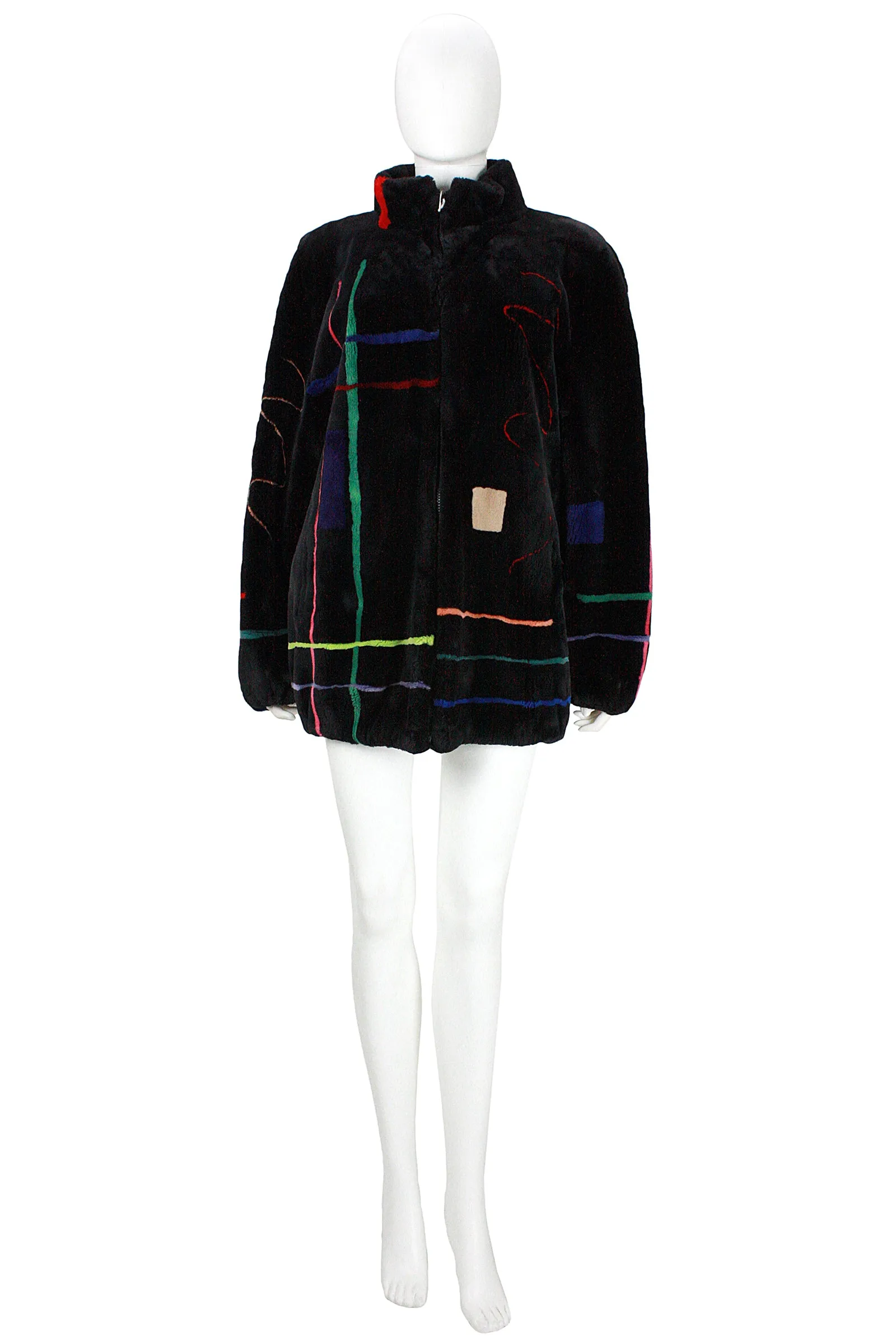 ZUKI Multicolor Line Pattern and Black Sheared Beaver Fur Coat