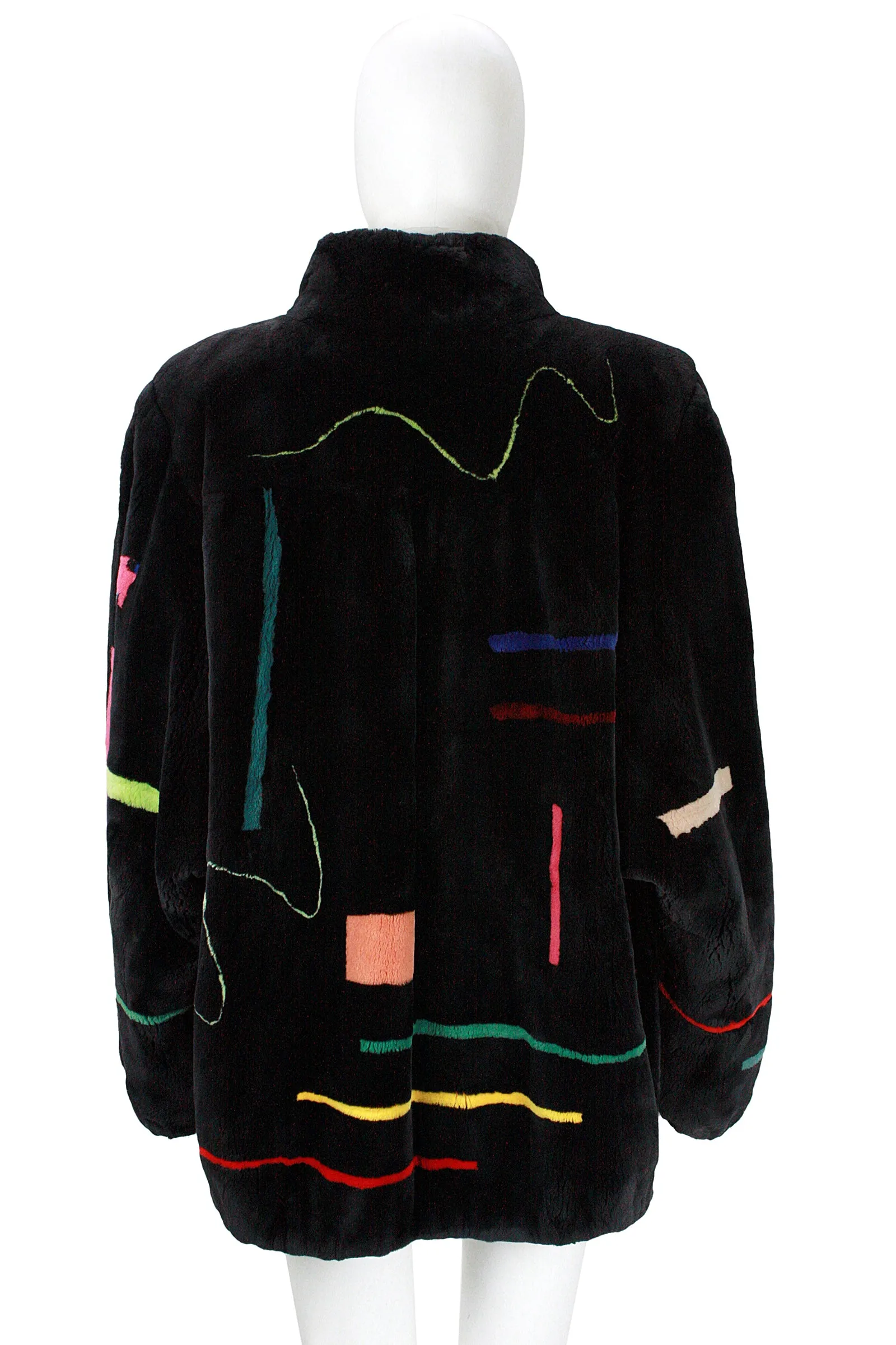 ZUKI Multicolor Line Pattern and Black Sheared Beaver Fur Coat