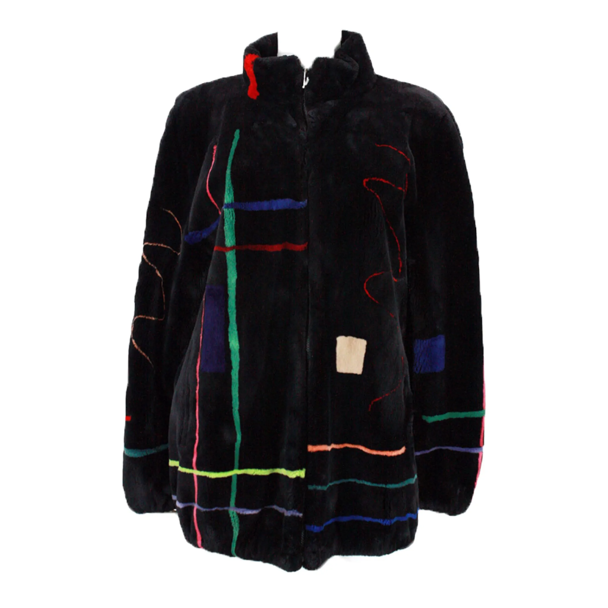 ZUKI Multicolor Line Pattern and Black Sheared Beaver Fur Coat